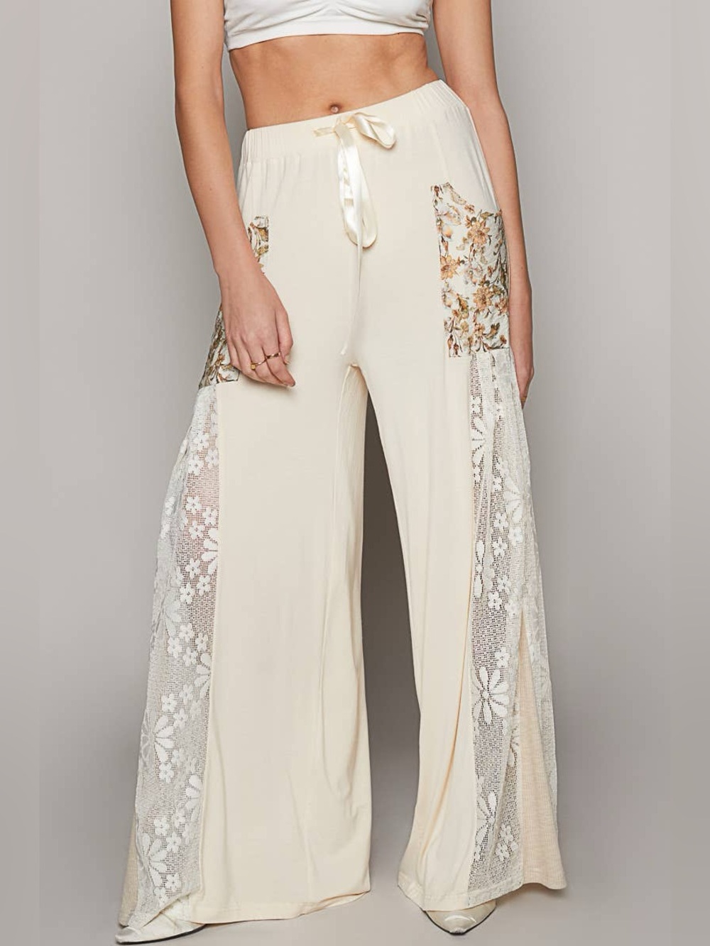POL Boho Cream Lace Panel Wide-Leg Pants